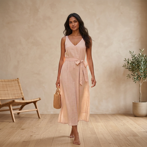 Boho V-Neck Sleeveless Maxi <b>Dress</b> with Belt <b>Loose</b> Fit Breathable 100% Rayon Crepe Solid Sweet Cute Summer Casual Wear - Product Image 3