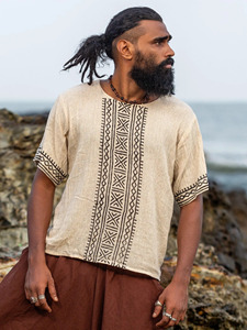 Nouvelle arrivée : chemise kurta en lin kaki pour homme avec broderie géométrique tribale, tunique bohème écologique d'été à manches courtes, t-shirt - Product Image 5