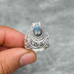 Labradorite Gemstone Pill Box Adjustable Ring Handmade 925 Sterling Silver Secret Message Jewelry - Product Image 1