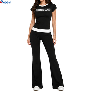 Customized Trade <b>Summer</b> Women's 2 Piece Set Black Short Sleeve Top With Custom Logo Flared <b>Pants</b> Casual All Seasons Knitted - Product Image 1