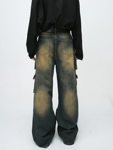 High Waist Cargo <b>Jeans</b> <b>Men</b> Bleach Stone Wash Denim Patchwork Loose Fit Streetwear Style Midweight Cotton Pants Autumn - Product Image 2