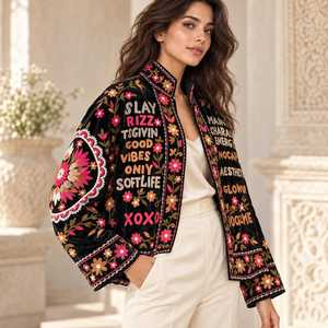 Veste en velours brodée Suzani pour femme, noire, magnifique, style bohème, idéale pour l'hiver – Nouvelle collection, effet sublime - Product Image 3