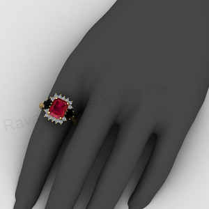 18K Gold 925 <b>Silver</b> Black Onyx & Ruby Quartz <b>Emerald</b> Cut Halo <b>Ring</b> CZ Prong Setting Engagement <b>Ring</b> Dainty Fine Jewelry For Her - Product Image 4