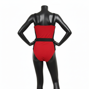 Ensemble de maillot de bain en polyester et élasthanne de haute qualité, rouge et noir, avec empiècements en mesh contrastant, logo brodé personnalisé, pour femme. - Product Image 4