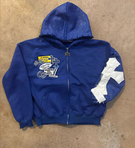 Sudadera con capucha personalizada con parche bordado desgastado, estilo vintage con cremallera, para hombre, 100% algodón, moderna y holgada. - Product Image 3