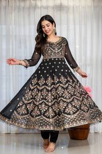 Conjunto de Salwar Kameez Anarkali de Georgette Negro Bordado, Traje Tradicional Indio Pakistaní para Bodas y Fiestas - Product Image 2