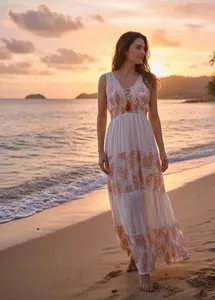 Vestido Largo Bohemio para Mujer, Sin Mangas, con Lazos, Cuello en V, Estampado Floral, Maxi Vestido con Estampado de Bloques - Product Image 6