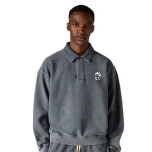Sudadera Polo Gris de Punto Acanalado Lavado de Alto Gramaje, Manga Larga, Cuello con Solapa, Estilo Casual Masculino, Ajuste Cómodo, Calidad Premium - Product Image 6