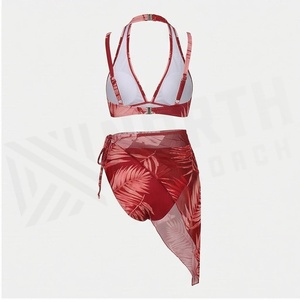 Ensemble bikini 2 pièces pour femme, imprimé feuilles tropicales, haut dos nu, jupe asymétrique, maillot de bain extensible - Product Image 3