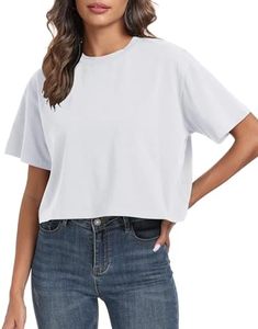 Camiseta Corta Blanca de Cuello Redondo para Mujer, Ajuste Holgado, Color Sólido, Informal, Tejido de Punto Jersey, Transpirable, para Primavera/Verano - Product Image 1