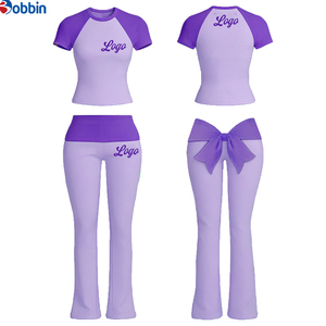 Conjunto Deportivo Personalizado con Logotipo para Mujer, Conjunto de Verano de Algodón para Yoga, Diseño con Lazo, Manga Corta, Pantalones Acampanados con Cintura Plegable, Conjunto de 2 Piezas - Product Image 6