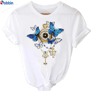 Camiseta de Mujer con Estampado de Rosas y Mariposas, Estilo Dulce, Holgada, Transpirable, con Decoración Gráfica de Manga Corta - Product Image 1