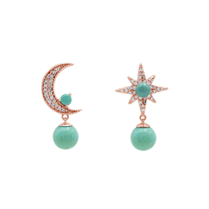 Pendientes de Plata de Ley 925 con Baño de Oro Rosa y Turquesa, Diseño de Luna y Estrella, Estilo Bohemia, Joyería Fina para Mujer - Product Image 1