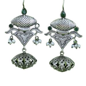 Pendientes Jhumka de latón oxidado con plata, estilo étnico, con topacio talla pera y engaste de bisel, para mujer, regalo de boda, estilo Rajasthan. - Product Image 1