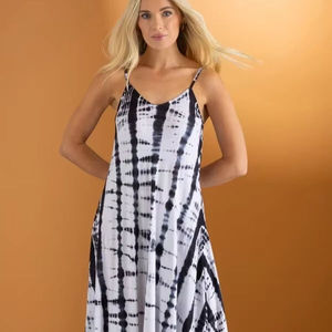 Women Boho Black White Cotton Tie Dye Maxi Dress <b>Spaghetti</b> <b>Strap</b> Sleeveless Flowy Summer Dress - Product Image 1