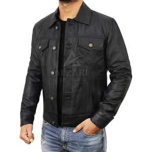 Veste de camionneur classique en cuir pour l'hiver, fermeture à boutons, coupe ajustée pour un look décontracté moderne. - Product Image 2