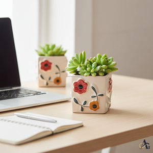 Pot de fleurs carré en céramique verni brillant peint à la main avec trou de drainage, écologique, 12 cm, pour intérieur/extérieur, décoration de jardin - Product Image 2