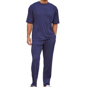Men's Navy Blue Crew Neck Short Sleeve T-Shirt and Pants <b>Set</b> Solid Color <b>Knitted</b> Casual Summer Wear Breathable - Product Image 1