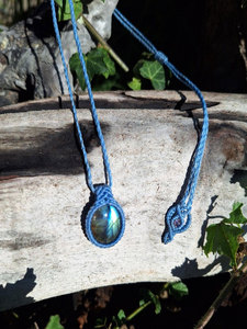 Handmade Macrame Pendant <b>Necklace</b> With Natural Oval Stone Bezel Setting <b>Blue</b> Thread Bohemia Style Unisex Jewelry - Product Image 3