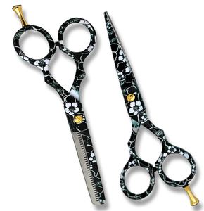 Ciseaux de coiffure professionnels pour salon, ensemble de ciseaux à effiler, lames en acier inoxydable, pour droitiers, motif floral noir, légers, à lame creuse - Product Image 1
