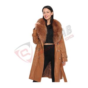 Abrigo Largo de Cuero Vacuno para Mujer, con Cuello de Piel Marrón, Transpirable, de Fabricantes Profesionales, con Cinturón - Product Image 1