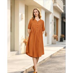 Vestido Maxi de Lino y Algodón Liso Naranja de Lujo con Cuello en V Abotonado, Ajuste Holgado, Manga Corta, Vestido Casual de Verano - Product Image 3