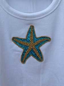 Débardeur pour femme fait main avec étoile de mer en strass scintillant, broderie et travail au point de croix - Product Image 4