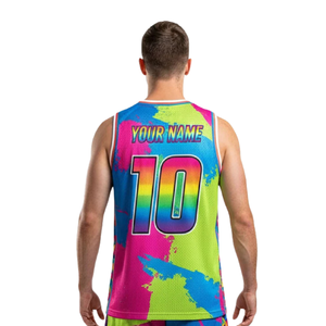 ชุดบาสเก็ตบอลแบบ Brush Stroke สำหรับผู้ชาย เสื้อเจอร์ซีย์คอวีแขนกุด กางเกงขาสั้นทรงหลวมเข้าชุด พร้อมชื่อทีมและหมายเลขผู้เล่น 100% - Product Image 4