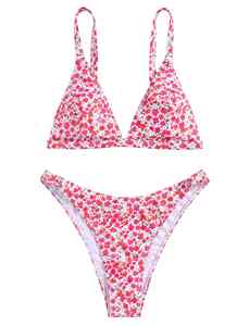 Conjunto de bikini push-up de 2 piezas para mujer con estampado por sublimación, logo frontal en tela tejida y tanga de corte alto triangular - Product Image 6