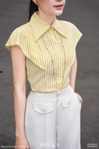 Blusa informal tejida a rayas amarillas para mujer, camisa con mangas casuales, cuello con botones, camisa elegante para primavera y verano MADGE - Product Image 4