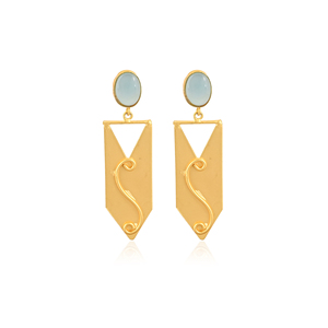 Élégantes boucles d'oreilles pendantes en calcédoine aqua pour femmes, bijoux faits à la main en laiton plaqué or - Product Image 1