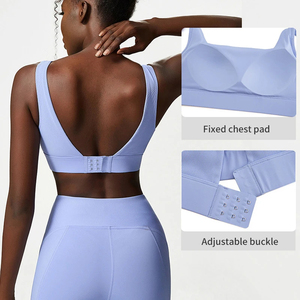 Ensemble de yoga 3 pièces pour femme en Spandex/Nylon, col en V profond, taille haute, avec soutien-gorge côtelé sans couture, leggings longueur cheville et veste à manches longues - Product Image 3