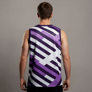 Camiseta de Baloncesto Sublimada Personalizada para Hombre, Cuello en V, Sin Mangas, Rayas Blancas y Moradas, Ajuste Atlético, Absorbe la Humedad - Product Image 3
