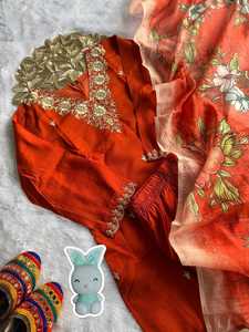 Orange Floral Embroidered Indian Pakistani Clothing Set Long Top Palazzo Pants <b>Shawl</b> for Party <b>Wedding</b> - Product Image 6