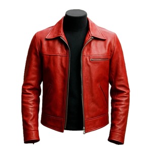 Veste moto en cuir véritable rouge pour homme, col rabattu, fermeture éclair, coupe classique, style automne - Product Image 1