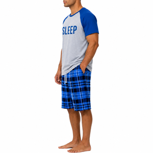 Ensemble de pyjama décontracté Fasmic International pour homme, en coton 100% respirant, à manches courtes, à carreaux bleus, avec poches, pour l'hiver - Product Image 2
