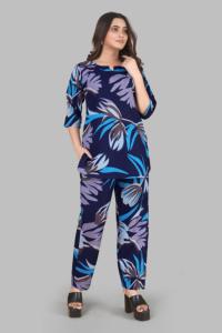 Ensemble coordonné pour femme imprimé bleu, vente en gros, prix d'usine, en poly-rayonne, 2 pièces, pantalon et haut, écologique, col rond, décontracté pour femme - Product Image 6