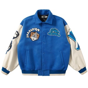 Chaqueta Varsity Azul y Blanca para Hombre, Estilo Preppy, con Parches Bordados, Cuello Camisero, Corte Regular, para Otoño - Product Image 5