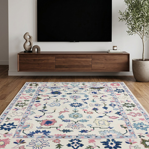 Elegante Alfombra de Lana con Diseño Floral, Hecha a Mano, con Motivos Botánicos en Rosa y Azul, Decorativa para Sala de Estar o Dormitorio - Product Image 6