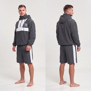 Ensemble de survêtement court coupe-vent streetwear pour homme 100 % nylon avec fermeture éclair 3/4, capuche, léger, coupe-vent, séchage rapide, short de pluie pour la randonnée - Product Image 3