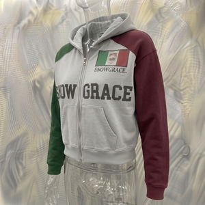 Sweat-shirt à capuche zippé pour homme Snowgrace, vert et gris, blocs de couleur, manches raglan, logo imprimé sur le devant, vêtement décontracté d'automne - Product Image 3