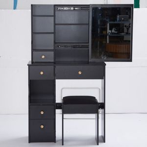 29.2\" Kids' Desktop Vanity Table Set <b>Cushioned</b> Stool Large Right Slide Mirror Multi-Layer High Capacity <b>Small</b> Size Left Drawer - Product Image 3