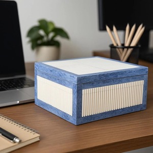 Blue White Handmade Bone Inlay Minimalist Design Rectangle Jewelry Box Modern Decor Organizer Handcrafted Artisan Treasure Box - Product Image 1