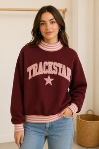Burgundy Pink Stripe Trackstar Women's Mock Neck Sweatshirt Pink Letter <b>Star</b> Custom Logo Private Label Wholesale Pullover - Product Image 1