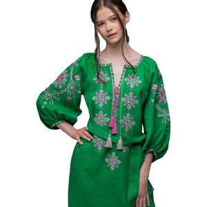 Vestido Largo de Manga Farol con Pliegues, Cintura Alta, Bordado Floral, Estilo Retro Coreano, Elegante, Suelto, por Encima de la Rodilla, Colección Primavera 2022 al por Mayor - Product Image 1