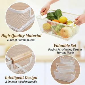 3 Pcs White Wire <b>Mesh</b> <b>Storage</b> <b>Basket</b> Set with Wooden Handles | Pantry Kitchen Closet Organizer Bin Container - Product Image 4