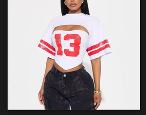Maillot de football blanc découpé pour femme, numéro 13 et rayures, haut à manches courtes col rond, printemps-été, logo personnalisé - Product Image 4