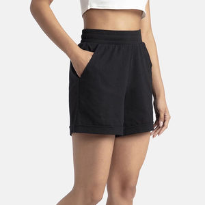 Shorts Casuales de Verano para Mujer, Personalizados OEM/ODM, en Tela Elástica de Felpa, Color Negro Sólido, con Bolsillos Laterales con Botones y Cintura Elástica - Product Image 5
