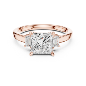Bague de fiançailles en or rose avec diamant taille princesse et pierres latérales baguette, bague de mariage solitaire pour femme - Product Image 1