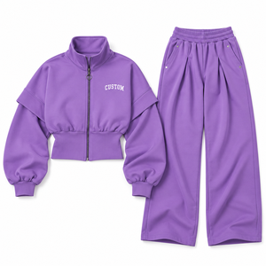Trendy Purple <b>Women</b> Cropped Full Zip <b>Jacket</b> Wide Leg Sweatpants Tracksuit High Waist Fleece Crop <b>Jacket</b> Two Piece Matching Set - Product Image 3